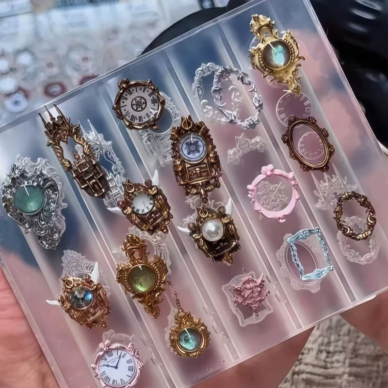Elegant European Clock Frame Nail Art Mold Vintage Gear Pattern 3D Mechanical Style Transparent Silicone Mold for Nail Decoratio
