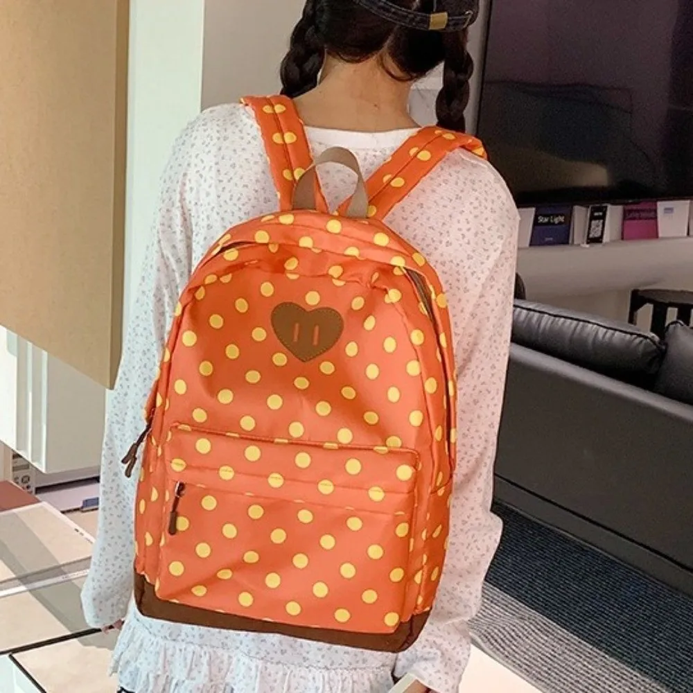 Lightweight Design Polka Dot Backpack Heart Shape Print Casual Style School Backpack Ins Aesthetic Polka Dot Pattern