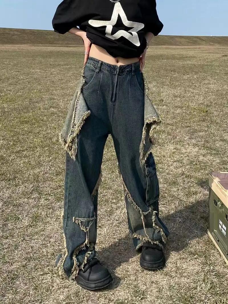 2023 New Vintage High Street Personality Dark Jeans Men's and Women's VIBE American Pentagon Raw Edge Star Wide Leg Pants