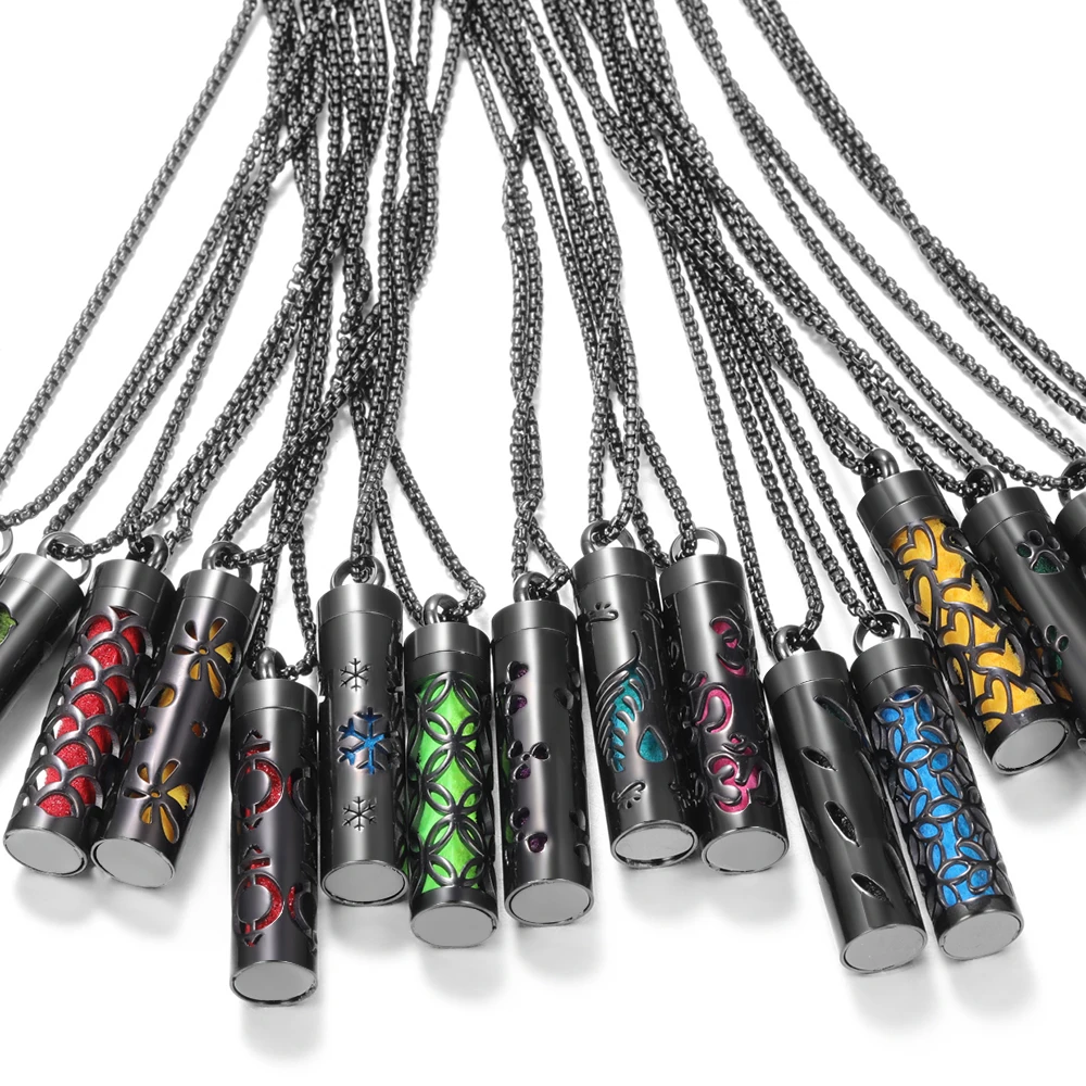 Black Cylindrical Stainless Steel Aromatherapy Necklace Spiral Open Women Essential Oil Perfume Diffuser Lockets Pendant Jewelry