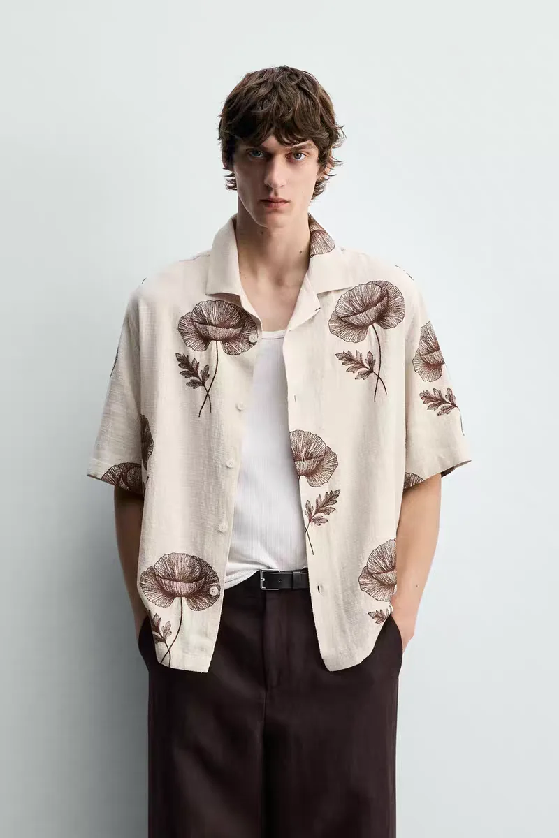 

Spring Summer New Loose Fit Floral Color Block Embroidered Shirt Casual Style Short Sleeve Women's Open Cardigan