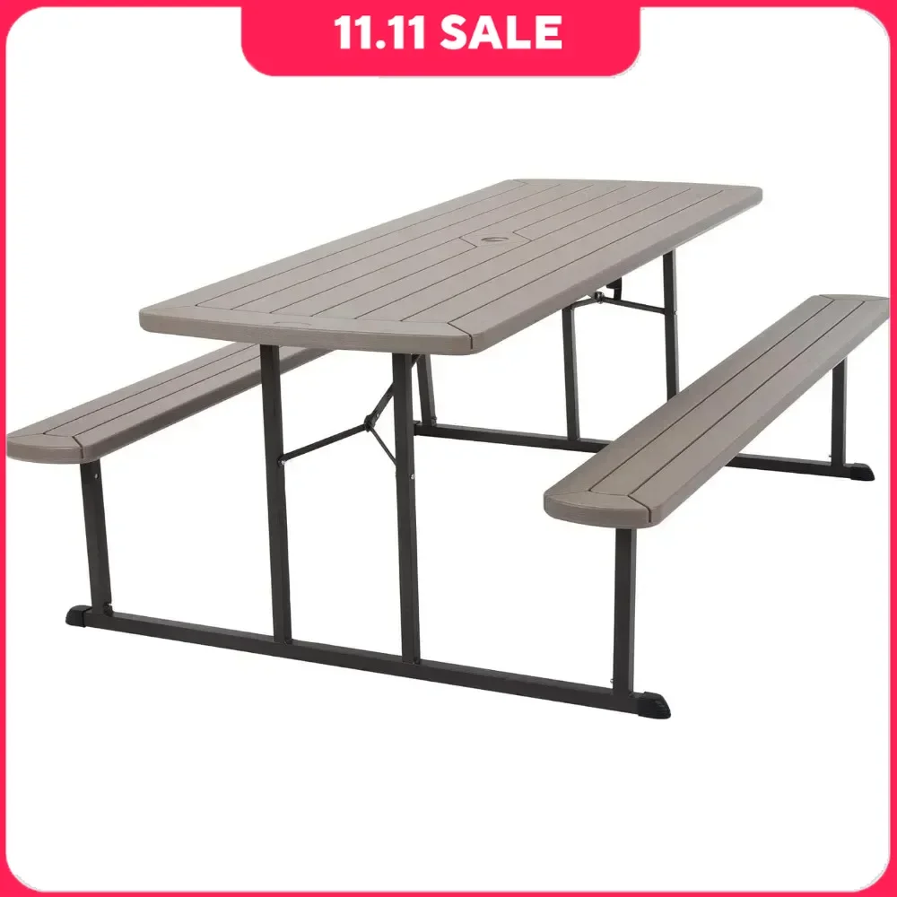 Outdoor Table with Rectangle, 6 Ft Folding Picnic Table, Taupe Wood Grain with Brown Legs, Outdoor Tables.