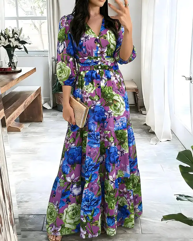 

Women's Dress Summer New Fashionable and Elegant Floral Print V-Neck Button Decoration Lantern Sleeves High Waisted Party Dress