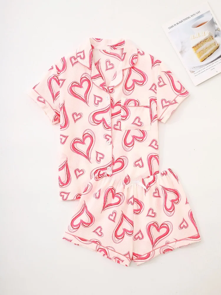 

Summer Lightweight ort Sve Spwear Set for Women with Print Cardigan Turn-down Collar Love Heart Pattern Home Clothes