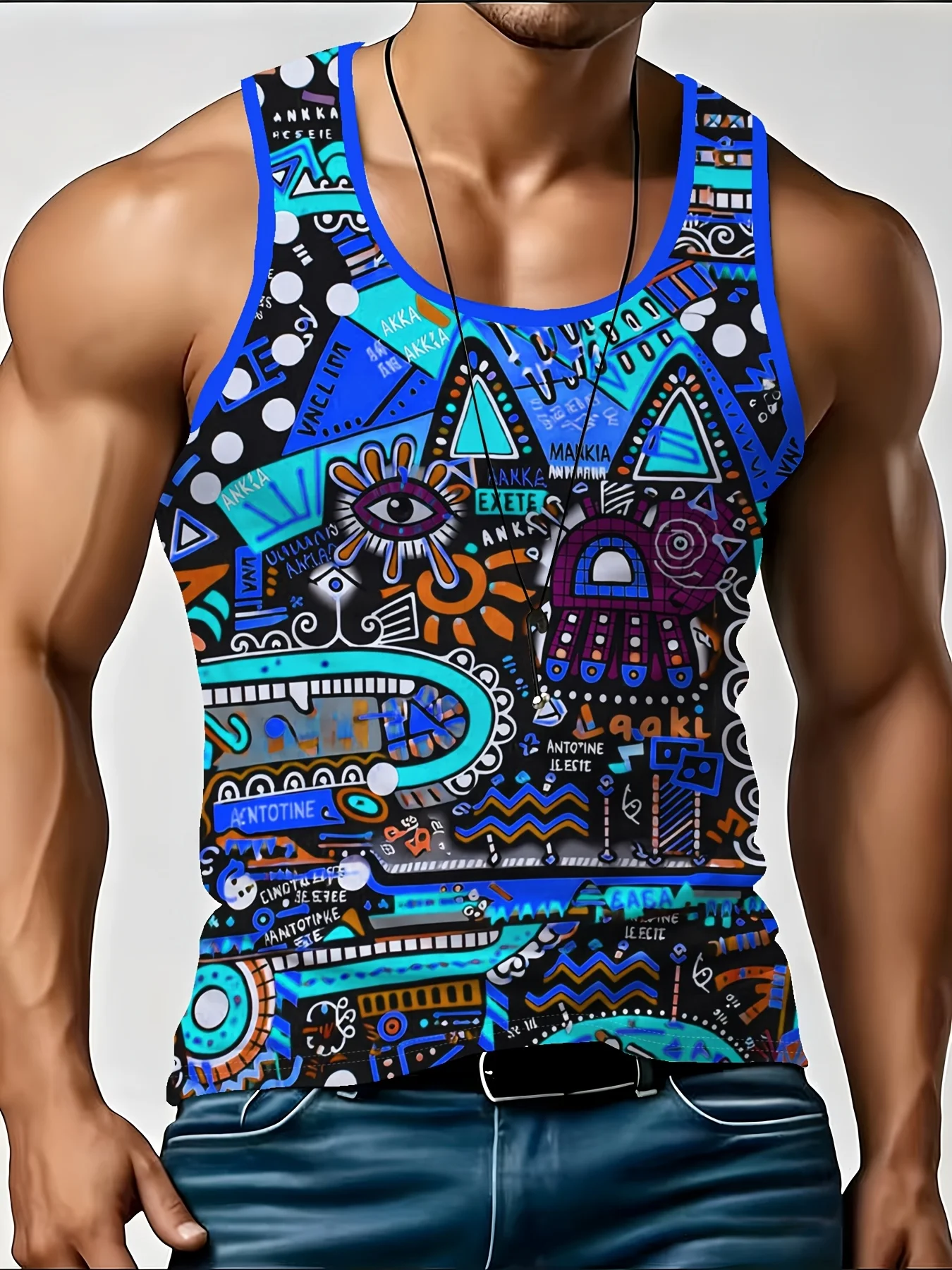 Men's Abstract Tribal All Over Print Tank Top Colorful Eye Geometric Sleeveless Muscle Vest Street