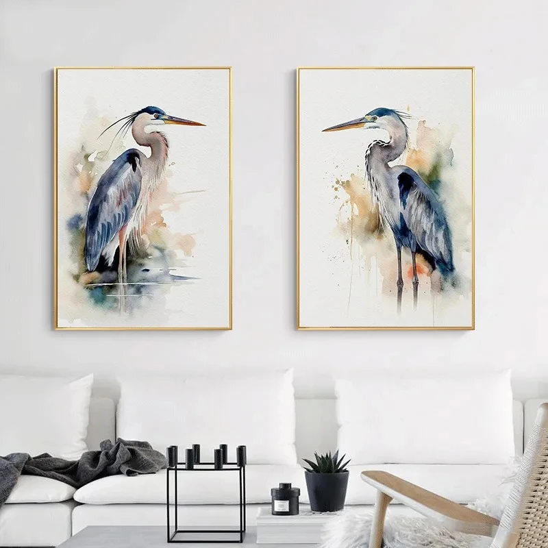 Watercolor Bird Wall Art Canvas Print Heron Robin Chickadee Painting Nature Bird Poster for Living Room Neutral Home Decor Gift