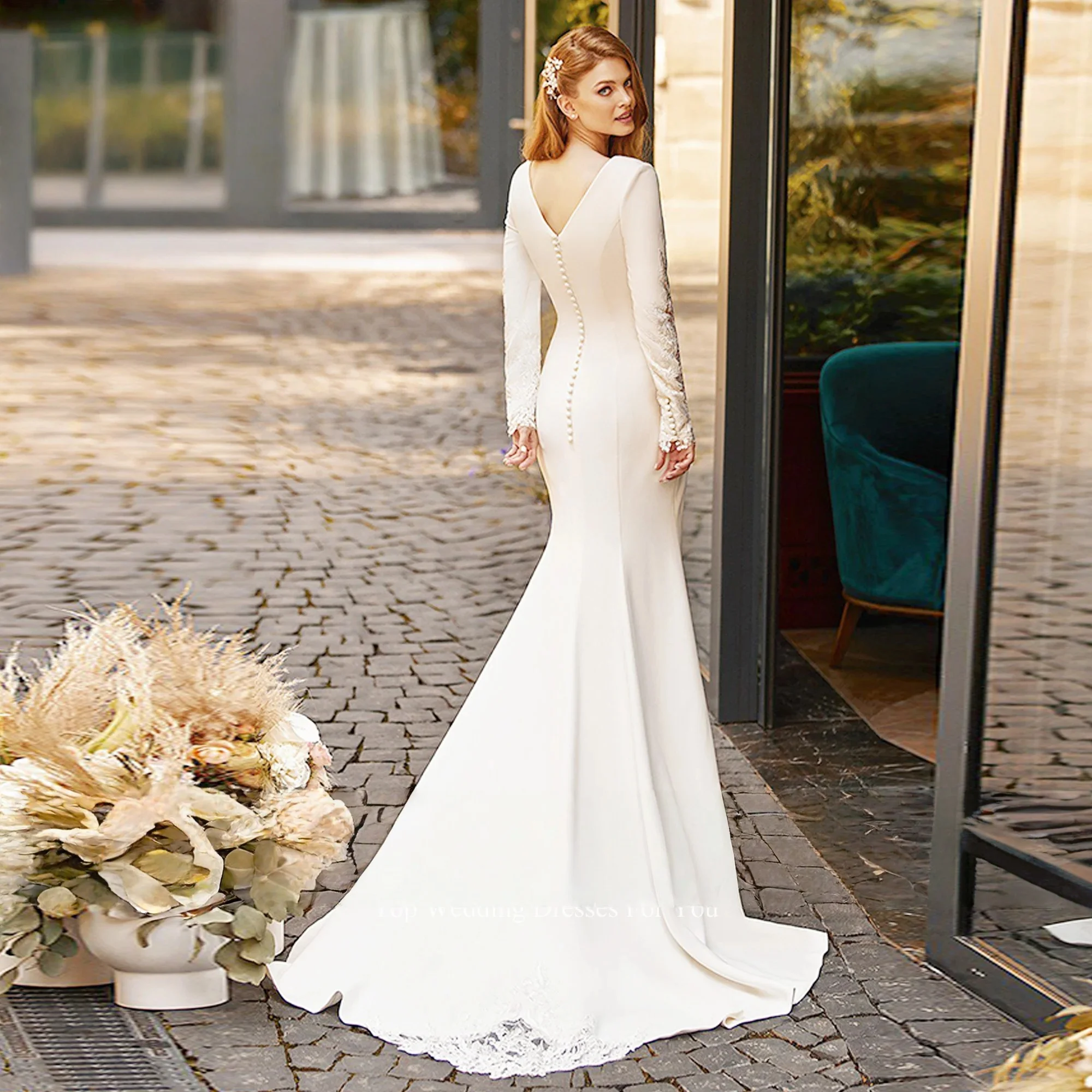 Boho 웨딩 드레스 인어 긴 소매 비치 새틴 신부 가운 사우디 아라비아 두바이 이슬람 Vestido De Noiva 맞춤형