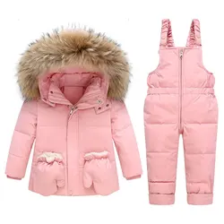 OLEKID 2024 Winter Children Girl Overalls Real Raccoon Fur Down Jacket For Girl Baby Girl Jumpsuit Kids Girl Outerwear Coat