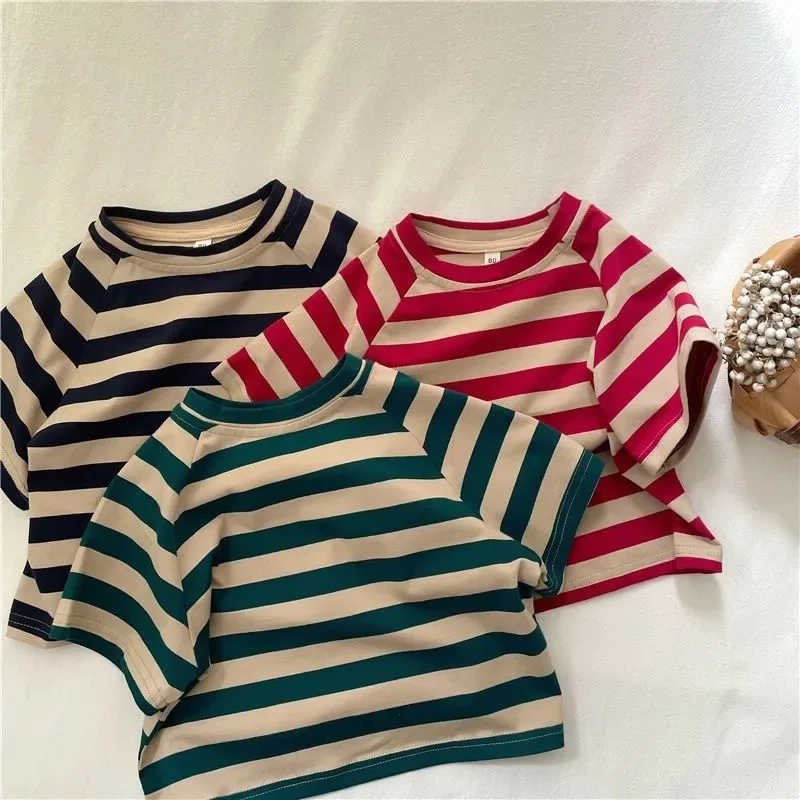 2025 Summer New Children Short Sleeve T Shirts Cotton Boys Versatile Striped Tee Girls Loose Casual Bottoming Tops Kids Clothes