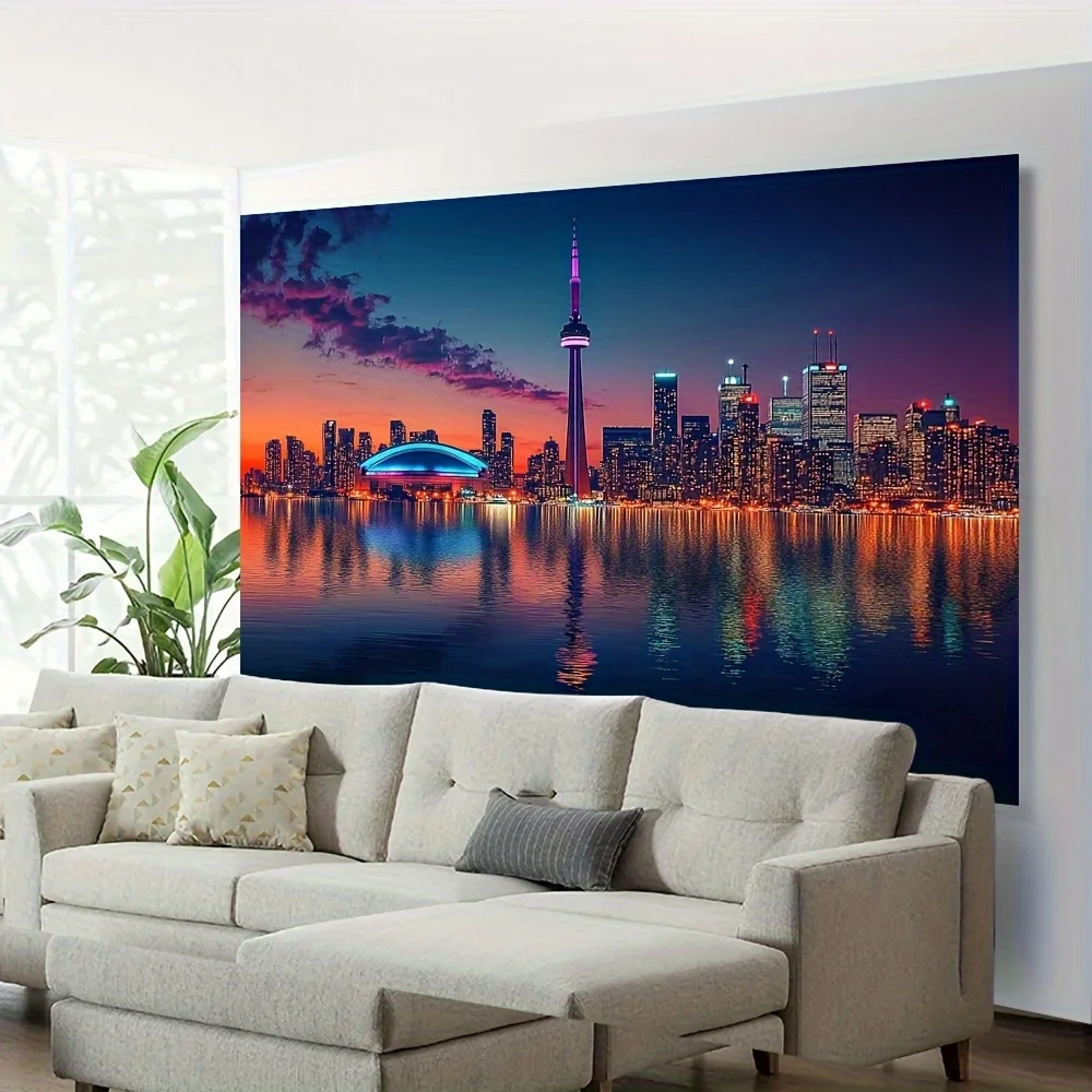 Toronto Skyline Tapestry Wall Hanging, CN Tower and Rogers Centre at Sunset, City Night View Decor for Living Room Bedroom