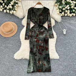 Women V-neck Vintage Long Sleeve Elegant Print Chic Split Flocking Slim Dress French Evening High Street Autumn Winter Clothing