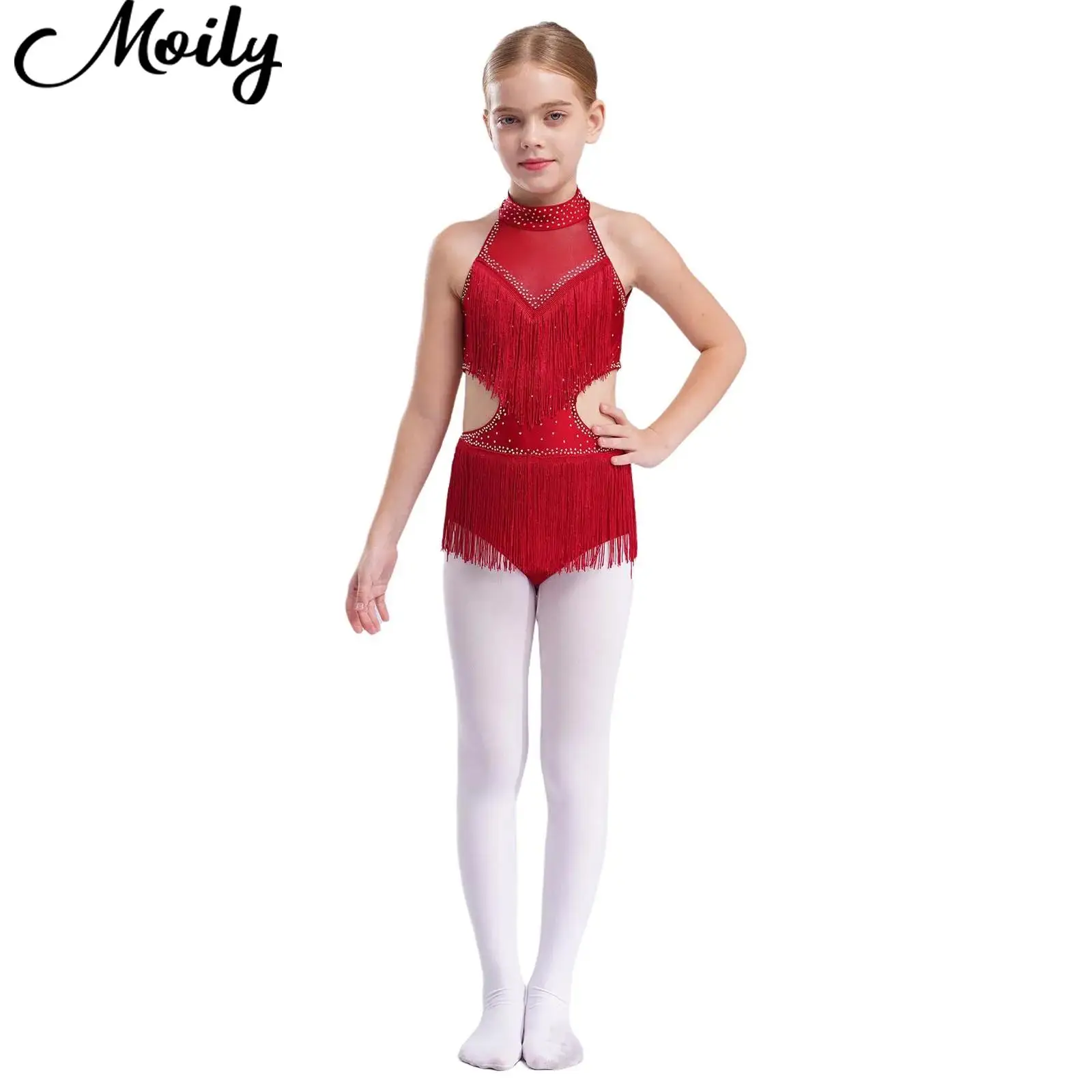 

Kids Girls Tassels Latin Cha-Cha Tango Samba Rumba Dance Costume Sleeveless Cutout Backless Rhinestones Fringed Leotard Dancewea