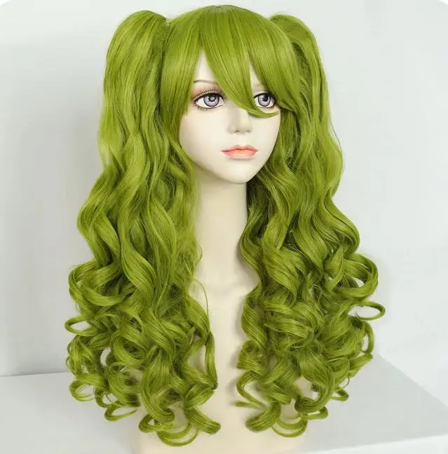 Synthetic Hair Double Ponytail 22 inch Long Curly Wavy Grass Green Claw Clip Cosplay Wig for Halloween Christmas