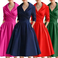 Robe de soirée mi-longue en satin pour femmes, col en V, manches longues, coupe A-line, avec poches, robe formelle pour la mère de la mariée. 1