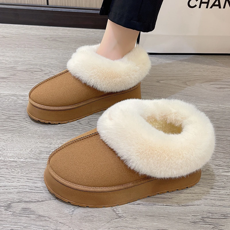 Anti-slip Shoe Thick Plush Snow Boots 2025 New Women Faux Suede Platform Fur Winter Boots Woman Slip On Warm Cotton Padded Shoes