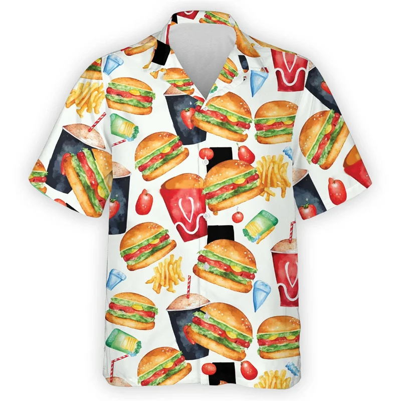 Hamburger French Fries Hawaiian Shirt For Men Cool Beach Short Sleeve Tee Shirts 3d Printed Delicious Food Shirts Clothes