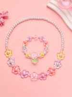 2Pcs Pink Flower Smile Princess Necklace Bracelet Set for Girls Daughter Imitation Pearl Pendant Jewelry Gift for Children