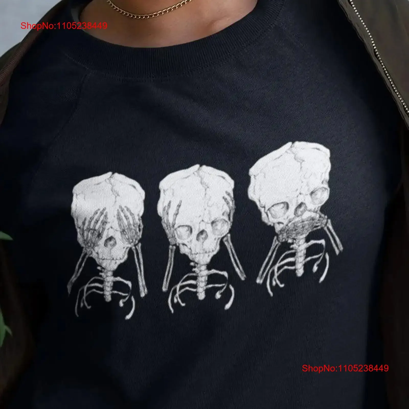 See No Evil T Shirt 3 wise monkeys Speak Hear Three Skull Skeleton Halloween vintage Washed Stretched Unisex Comfortable homme