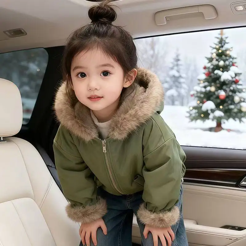 Kinder-Mantel mit Plüschfutter und Kapuze, Winterjacke, dick und warm, Mädchen-Oberbekleidung, neue Thermo-Sport- und Freizeitkleidung für Kinder, 2-10 Jahre – Detail 1