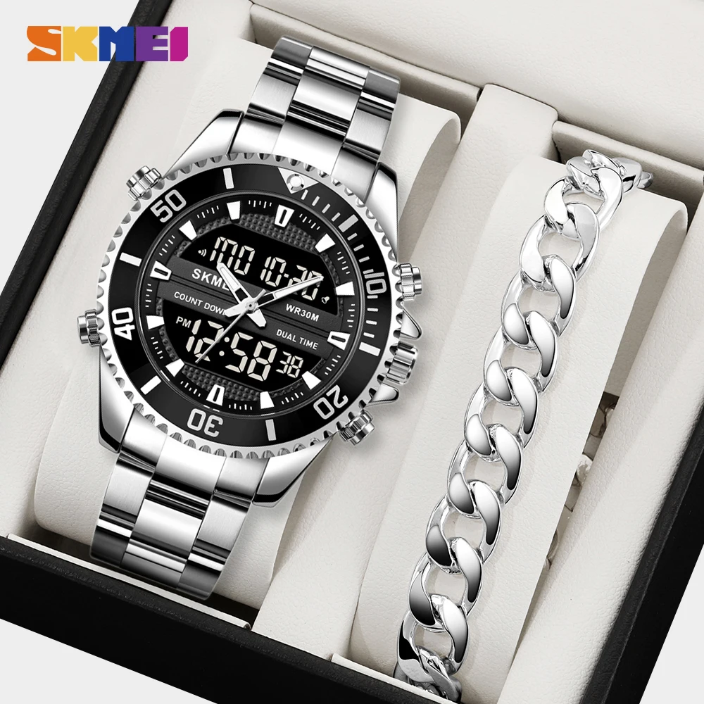 

SKMEI Роскошные цифровые деловые часы из нержавеющей стали для мужчин и женщин, водонепроницаемые кварцевые наручные часы и браслет Reloj Hombre