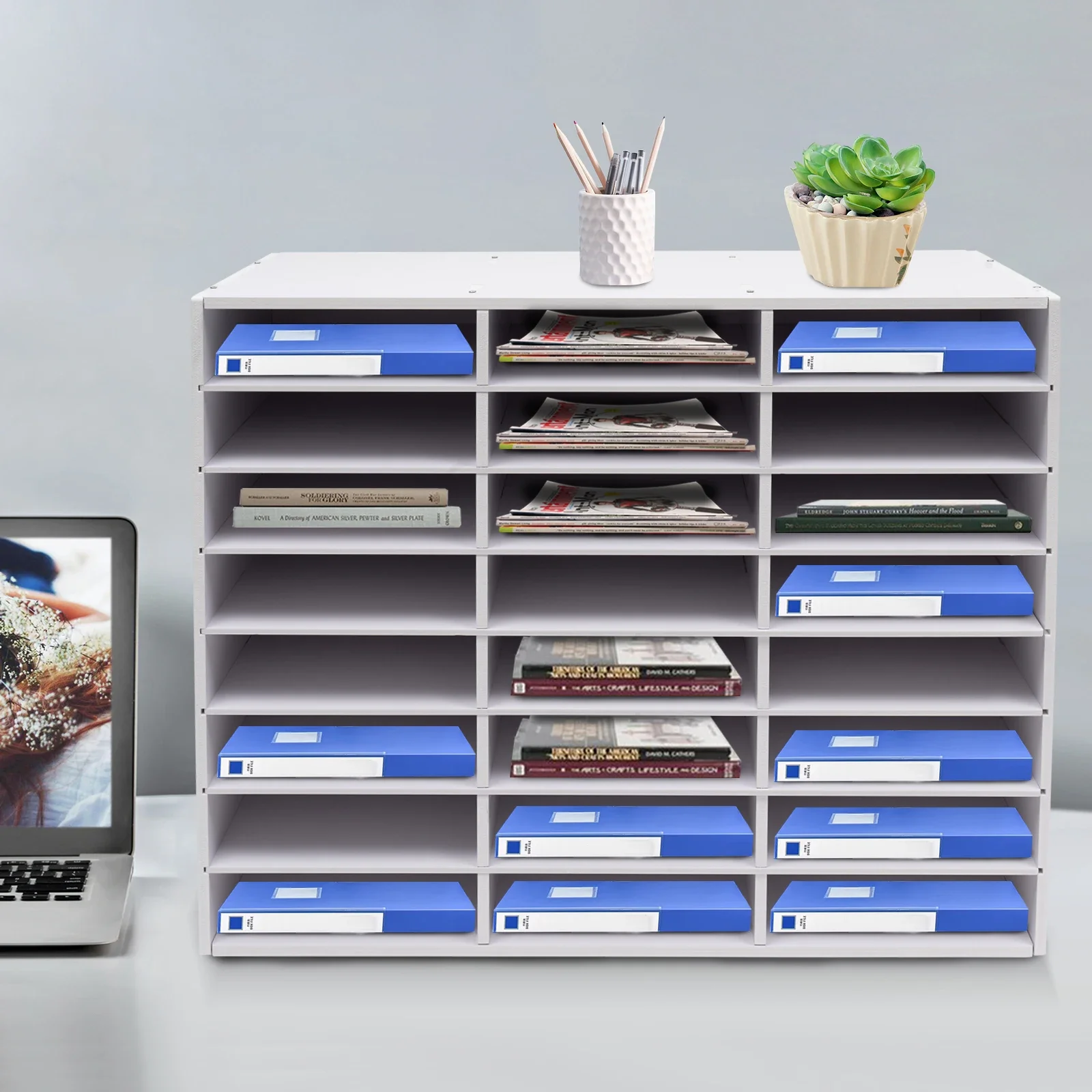 24 Slots Compartments Literature Organizer Office File Mail Sorter Magazine Holder Paper Storage Cabinet White 73.7*30.2*59.6cm