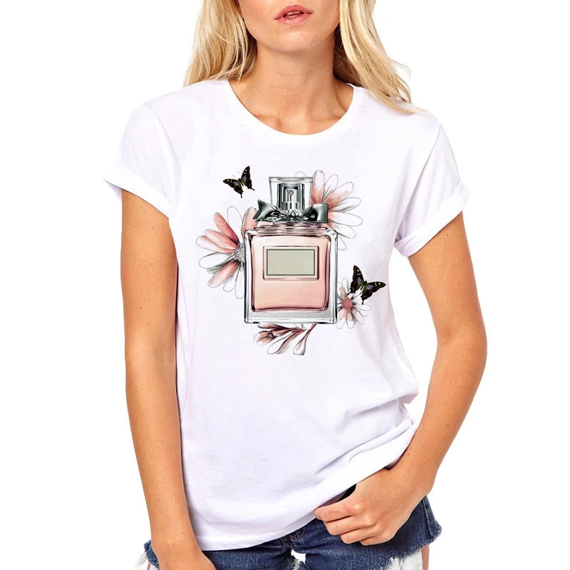 Flower Perfume Printed Tops Tees Female Summer  T-shirt Casual Lady Top Fashion T Shirt Women