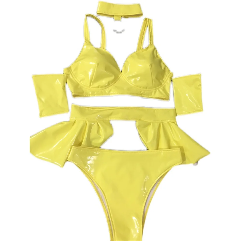 Pole Dance Nightclub Bar GoGo Singer Ds Performance Clothes Versatile Patent Leather Sexy Suit Yellow Full set