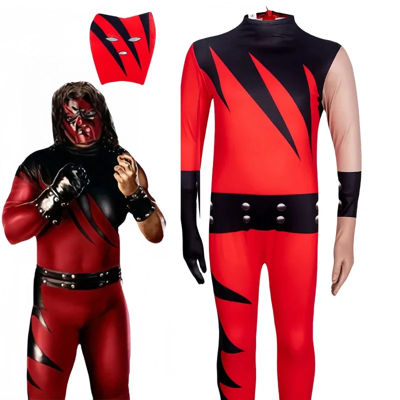 

WWE Superstar Wrestler Cosplay Costume Outfit Kids Child Tight Clothes Halloween Jumpsuit 1997 WWE Kane Cosplay Mask Suit