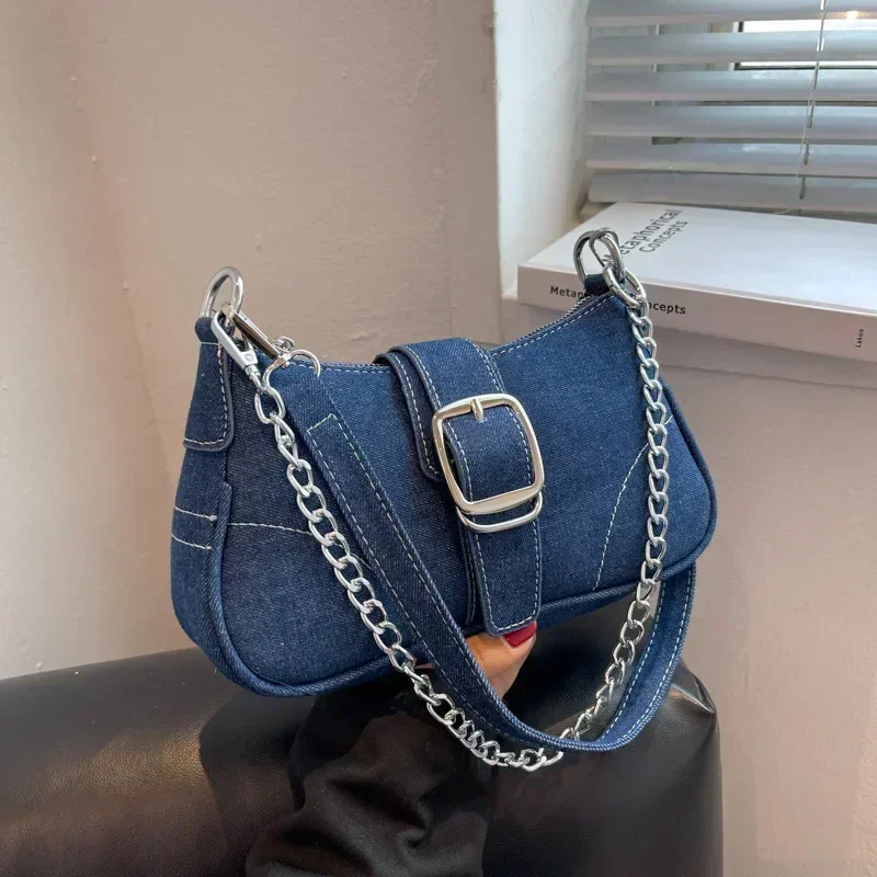 LW030     Denim Shoulder Chain Jeans Bags Fashion Trend Ladies Messenger Bag HighQuality Underarm Purse Handbag