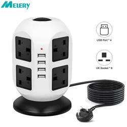 Melery Tower Power Strip, Vertical UK Plug Adapter, Outlets AC, Multi Electrical Sockets, USB Surge Protector, 3M Extension Cord