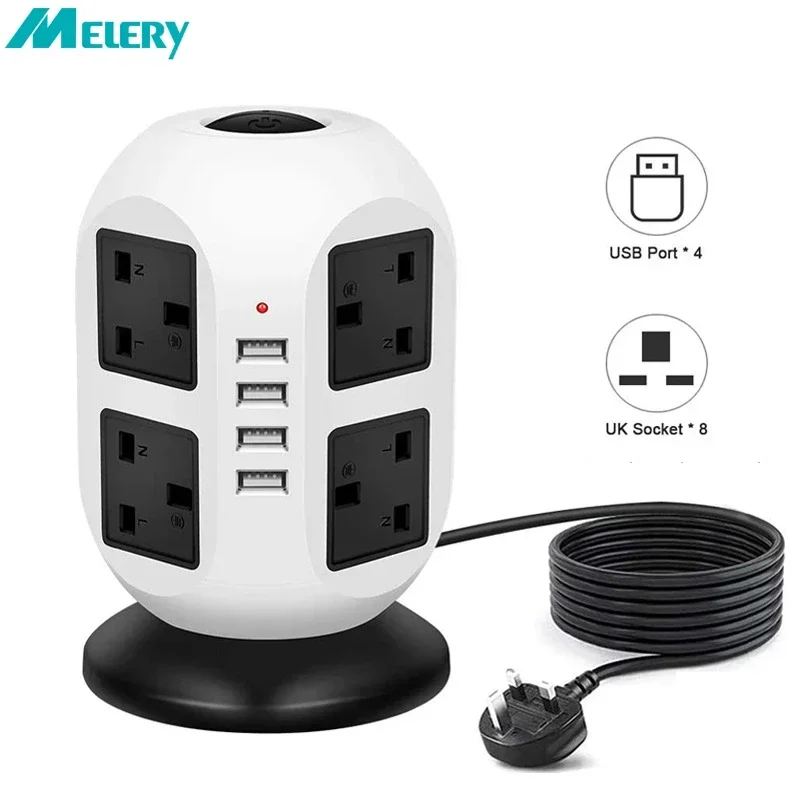 Melery Tower Power Strip, Vertical UK Plug Adapter, Outlets AC, Multi Electrical Sockets, USB Surge Protector, 3M Extension Cord