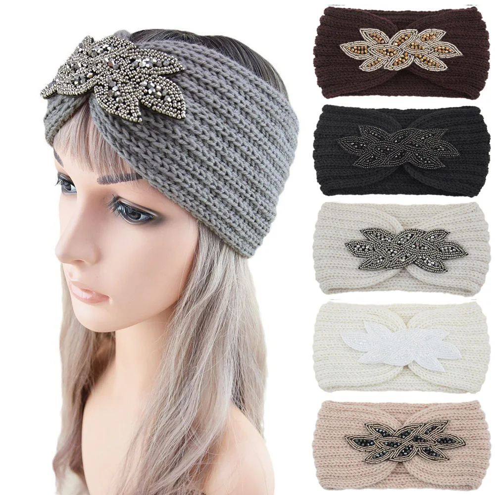 Women Headband Winter Ear Warmer Crystal beads Turban Headwarp Knitted Wool bandana Bandage Hair Accessories Boho Headwear