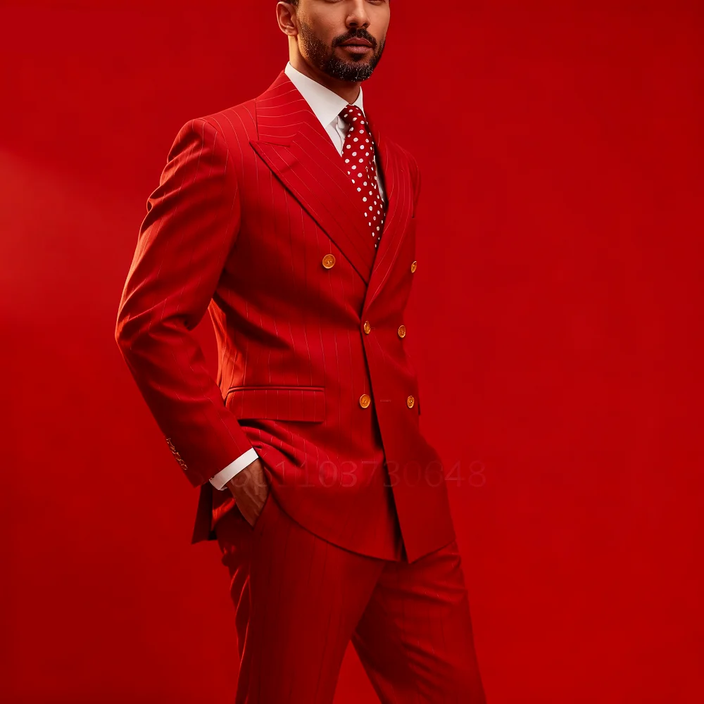 

2-Piece Light Grey Striped Men's Tuxedo Fine Fit Peak Lapel Double Breasted Blazer Wedding Business Suit Ensemble