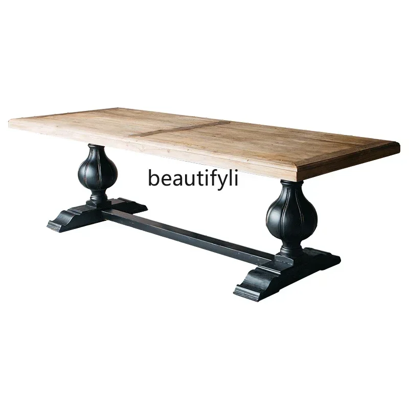 183F Log solid wood dining table Neoclassical rectangular table Simple American restaurant Multi-person dining table