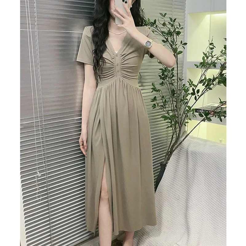 Summer V Neck Pleated Side Split Fork Women Mid Calf Dresses Fashion Loose Casual Harajuku Long Skirts Daily Work Clothing Black