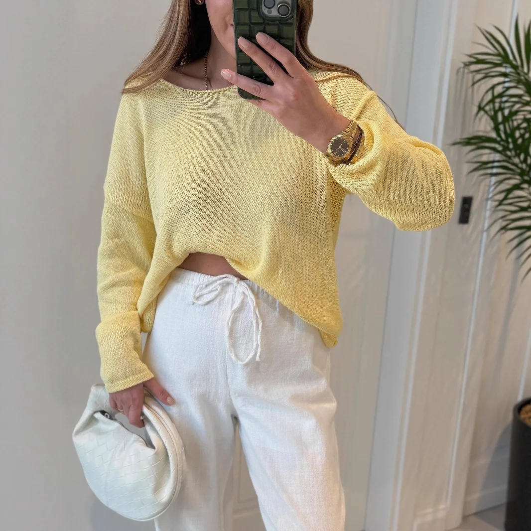 Mode femmes col rond mince tricoté pull solide à manches longues lâche Crochet pull 2025 été automne dame tricots Streetwear
