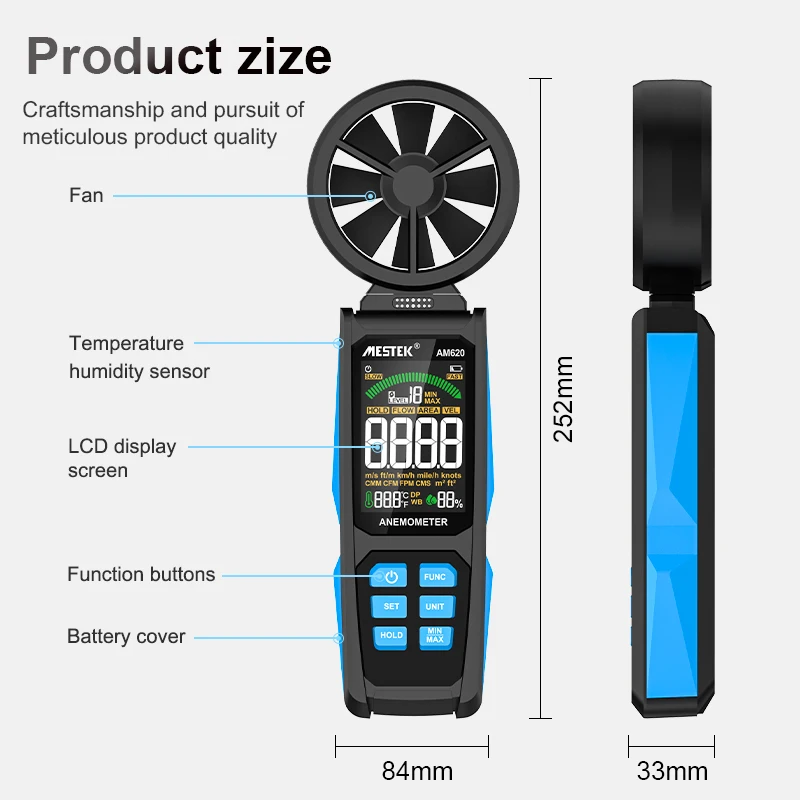 AM620 Handheld Digital Anemometer LCD Backlight Air Wind Speed Scale Accurately Measure Wind Speed & Temperature Measure