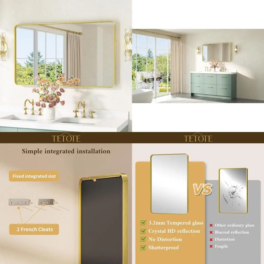 

Зеркало настенное в современном фермерском стиле, 40x24 дюйма, с рамой из матового золота, из закаленного стекла, для вертикальной или горизонтальной установки