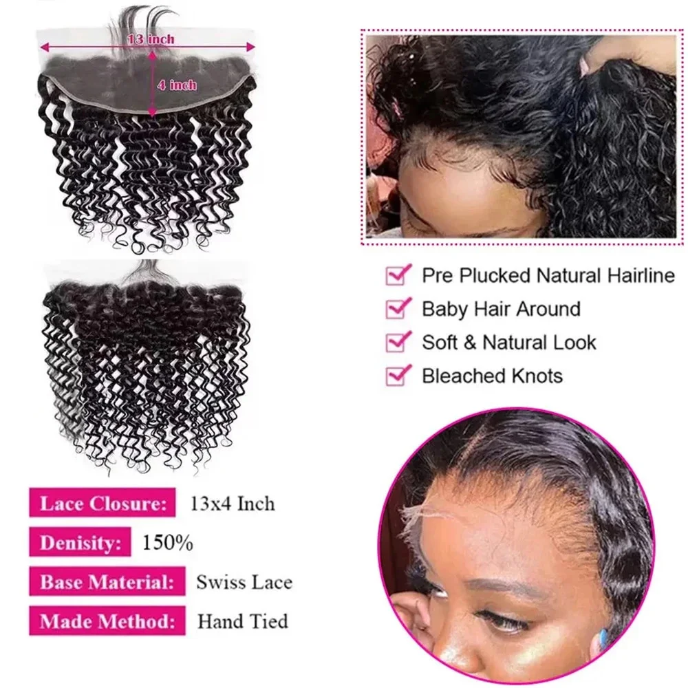 Bundles de cheveux humains bouclés avec fermeture, dentelle brésilienne Deep Wave, 100% vrais cheveux humains, noir naturel, document # 1B, 13x4