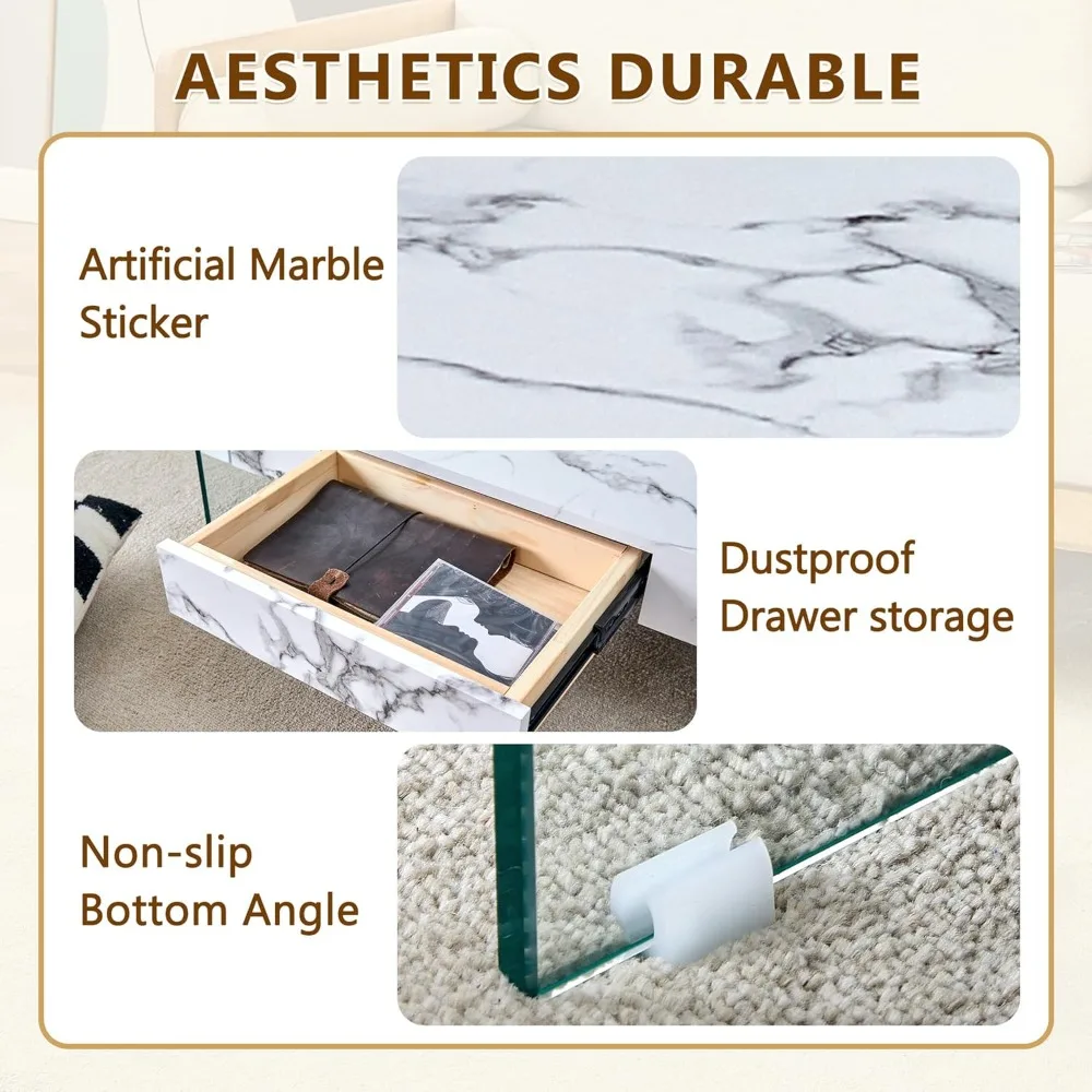 Mesa de centro de vidro para sala de estar, mesa de centro retangular branca com armazenamento, mesa central moderna de 2 camadas de 43,3 polegadas com mármore