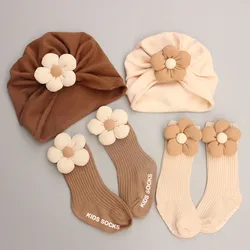 0-12M Infant Accessories Cute Flower Spring Autumn Cotton Newborn Baby Bebe Girl Hat Socks Two Pieces Set