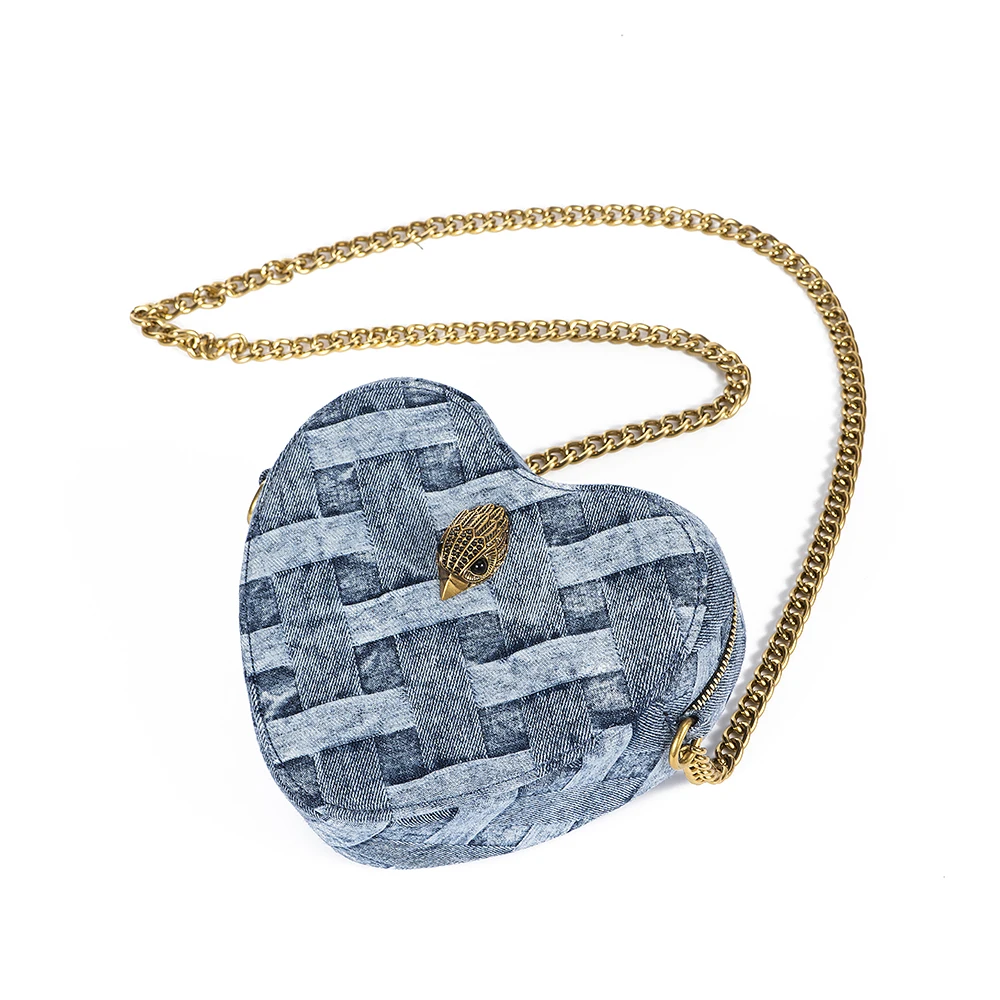 Lady Heart Shaped Bag Wash Denim In Weave Print Purse Jointing Cross Body Bag Patchwork Mobile Phone Bag