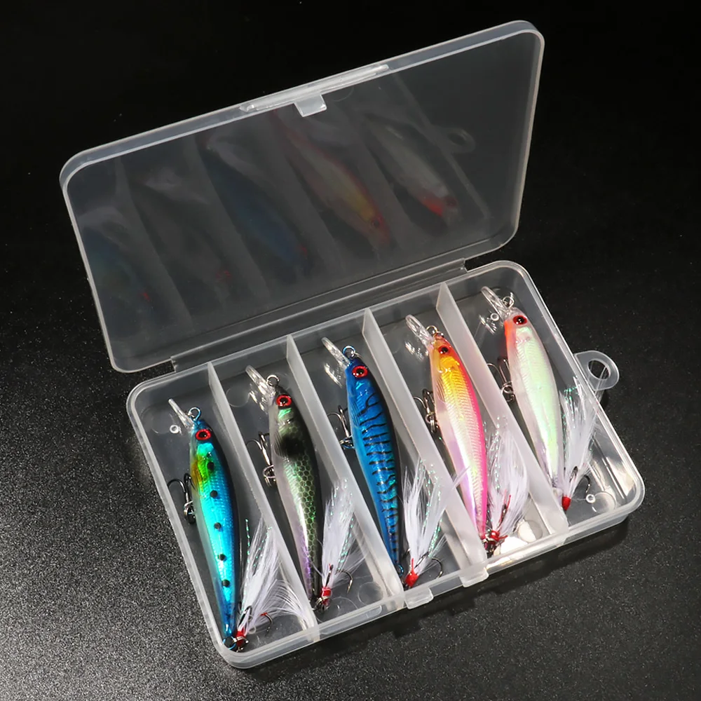 Kit de señuelos flotantes para pececillo, cebo Artificial de 8g y 13,6g, anzuelo de plumas, Wobbler, caja de aparejos de Pesca, Crankbait, Jerkbait, 5 uds.