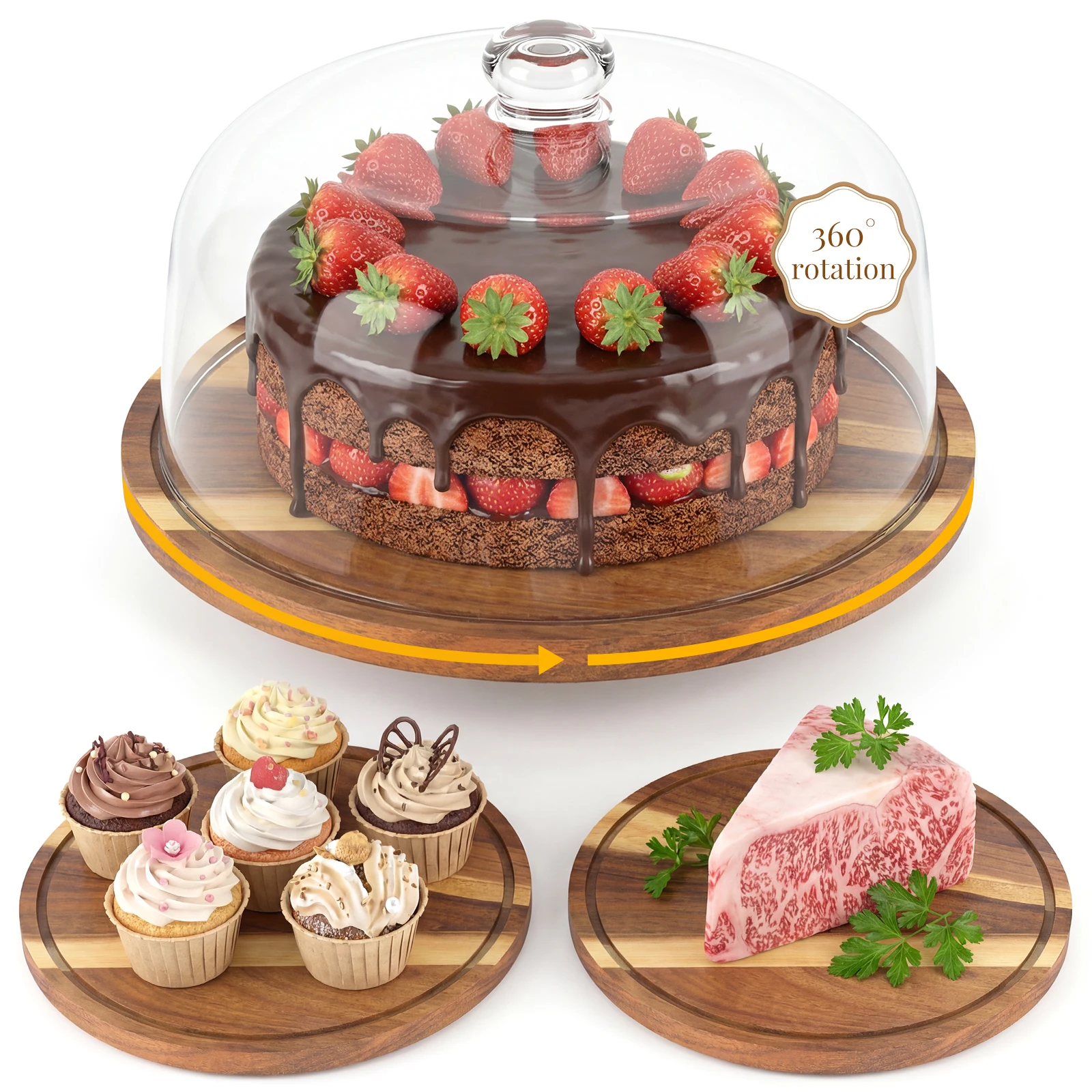 12'' Cake Stand 360° Rotating Cake Plate with Acrylic Cover Multifunctional Bread Dessert Display Stand for Bakery Baking Gadget