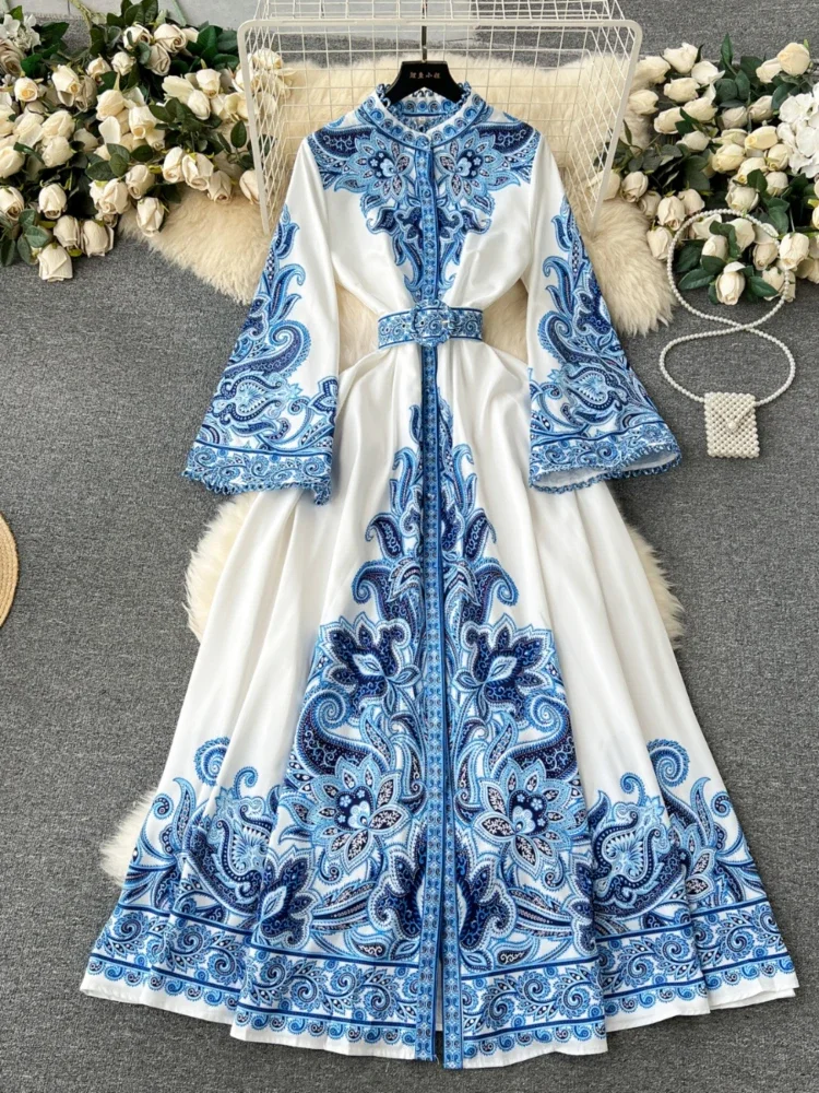 Retro Court Style Printed Dress Women Autumn Winter Flared Sleeve Vintage Long Dresses Ladies Slim Autumn Winter Long Robe