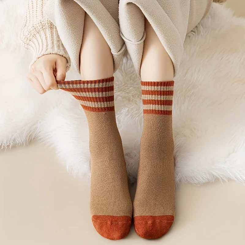 Calcetines a rayas de colores para mujer, medias de tubo medio cálidas de alta calidad, transpirables, informales, 3 pares