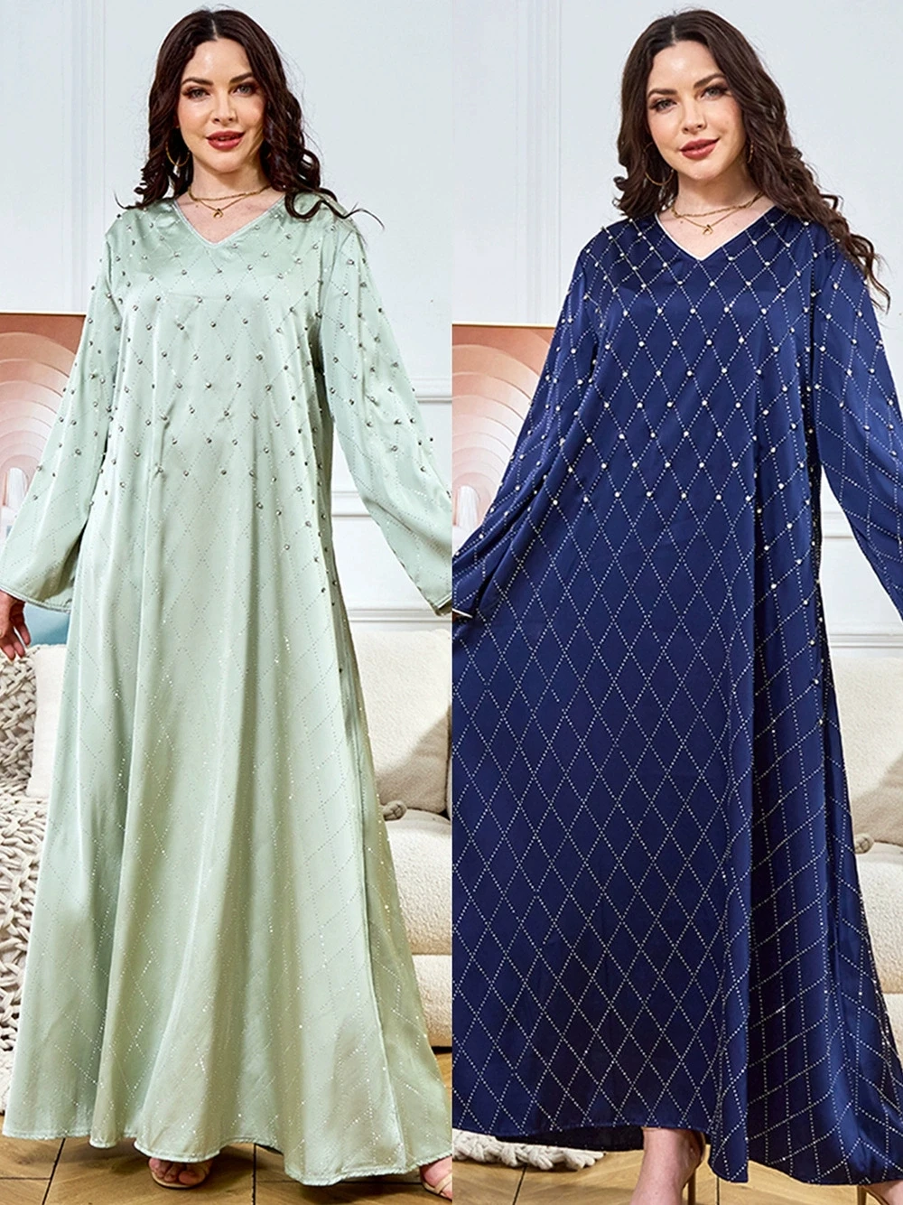 

Middle East Luxury Fashion New Robe Nail Diamond Hot Stamping Long Sleeve Retro Dubai Women's Party Dress Muslim Dress