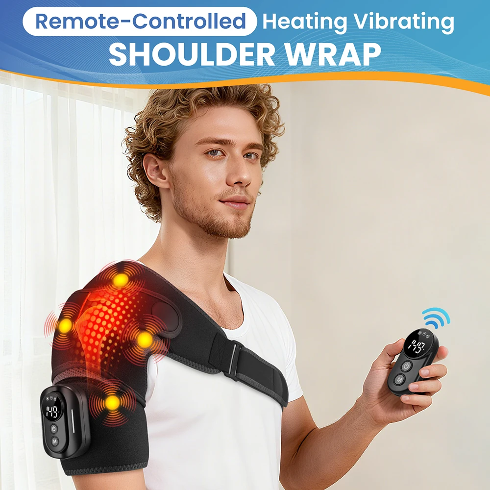 

﻿ Heating Vibration Shoulder Massage Wrap Pad 4 Motors 5 Temp Settings With Remote Control Fits Both Shoulders