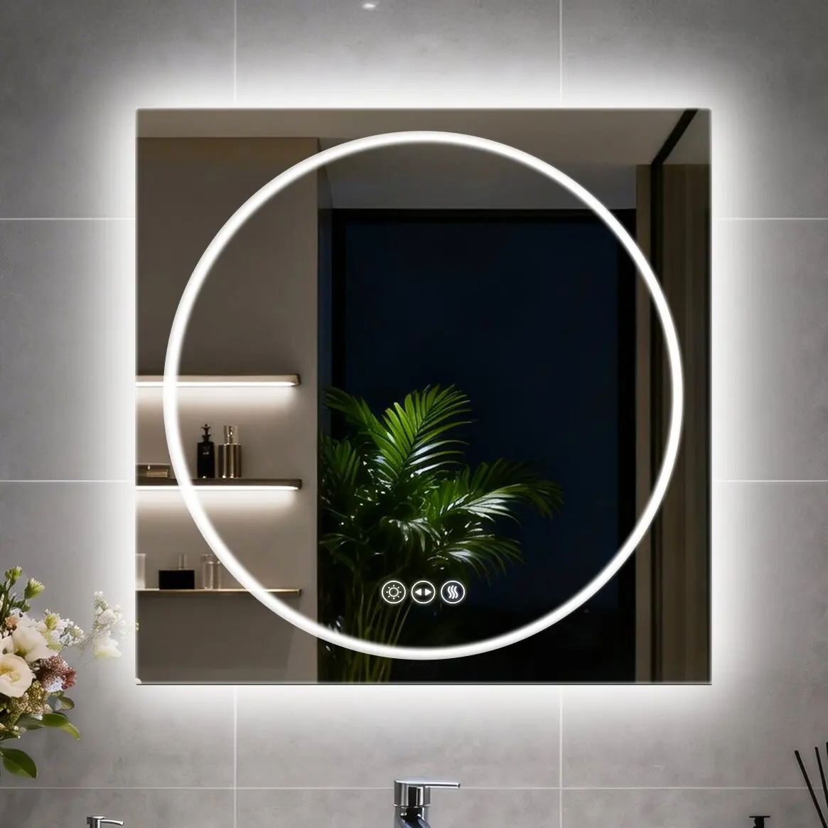 Miroir de salle de bain LED rond de 700x700 mm avec éclairage, anti-buée, fonction de mémoire de température à 3 couleurs, éclairage avant et arrière, miroir intelligent mural