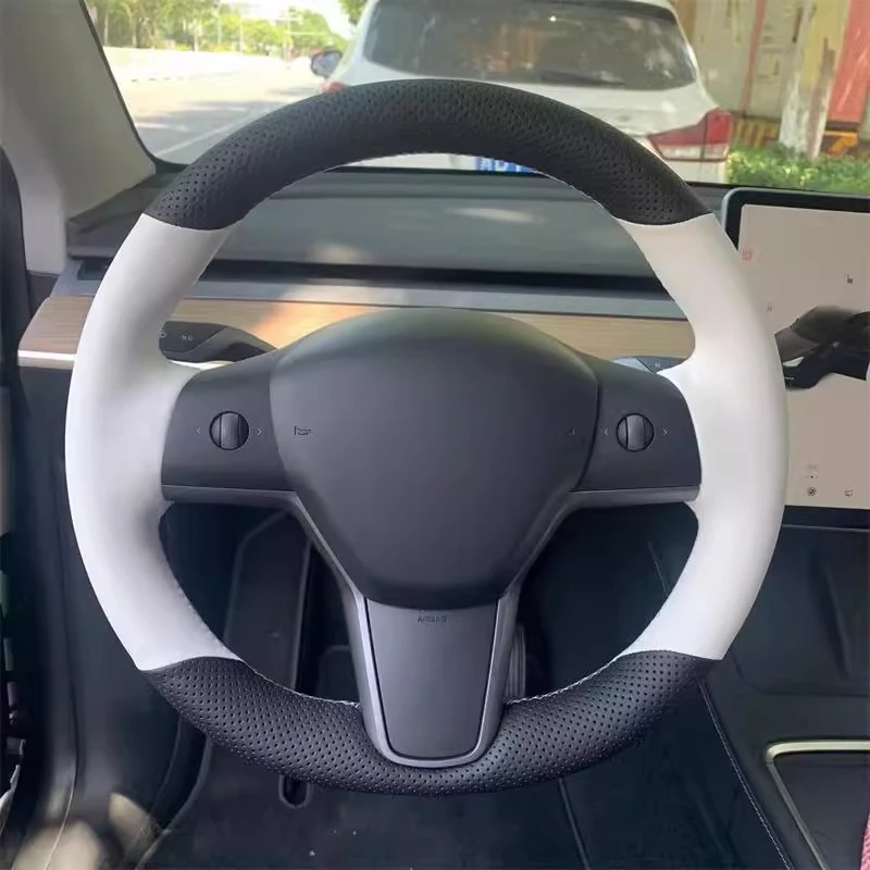 For Tesla Model 3 Model Y Hand Sewn Steering Wheel Cover with Leather All Inclusive Anti Slip Handle Cover